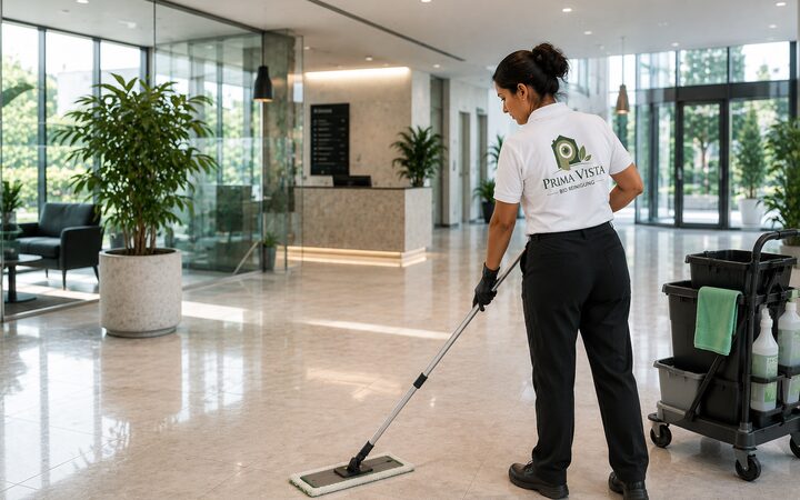 Mitarbeiterin von Prima Vista bei der gründlichen Bodenreinigung im Empfangsbereich