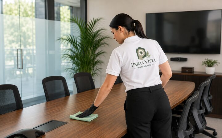 Mitarbeiterin von Prima Vista reinigt einen Besprechungstisch im Büro