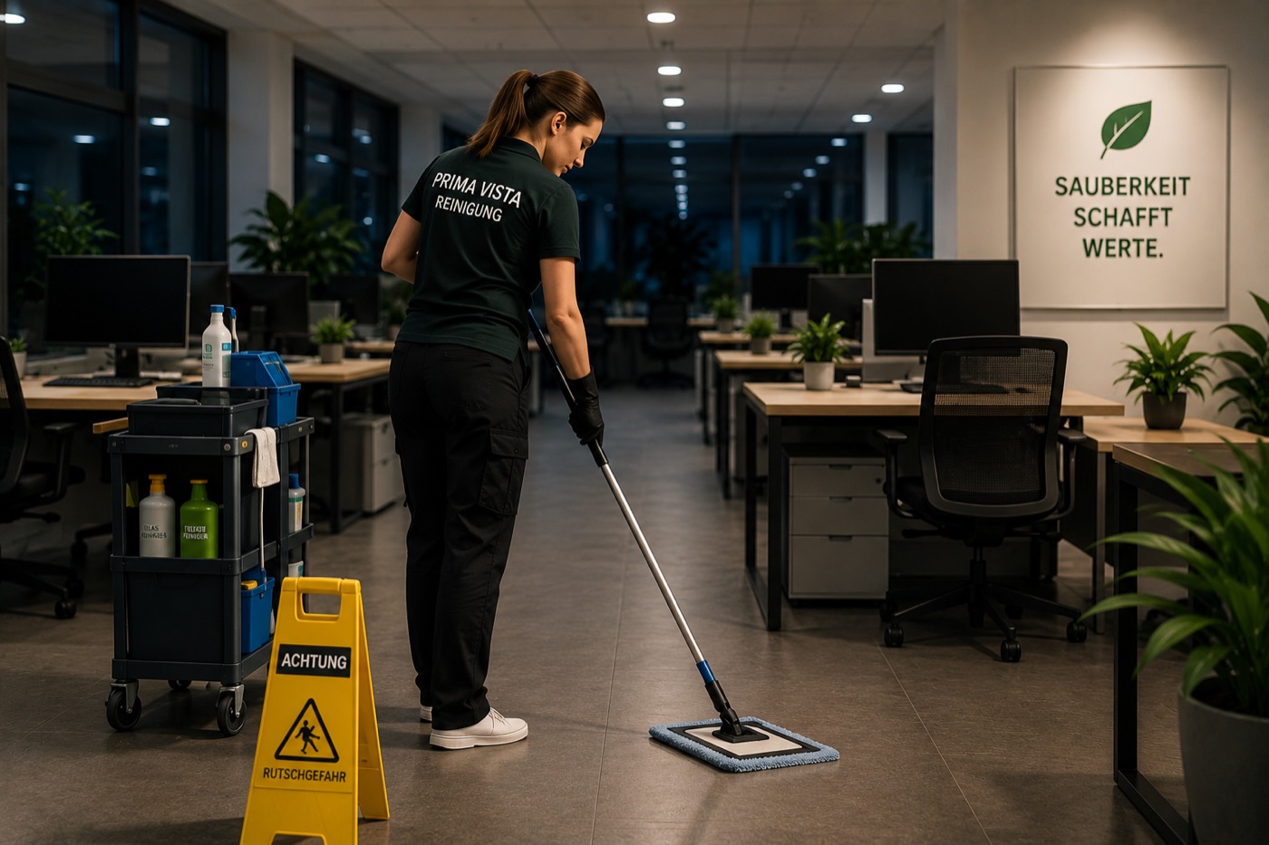 Mitarbeiterin von Prima Vista bei der professionellen Büroreinigung